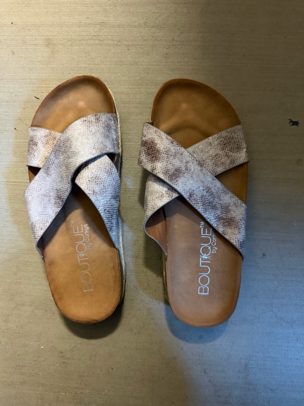 Boutique by Corkys Crisscross Slide Sandals in Taupe Snake